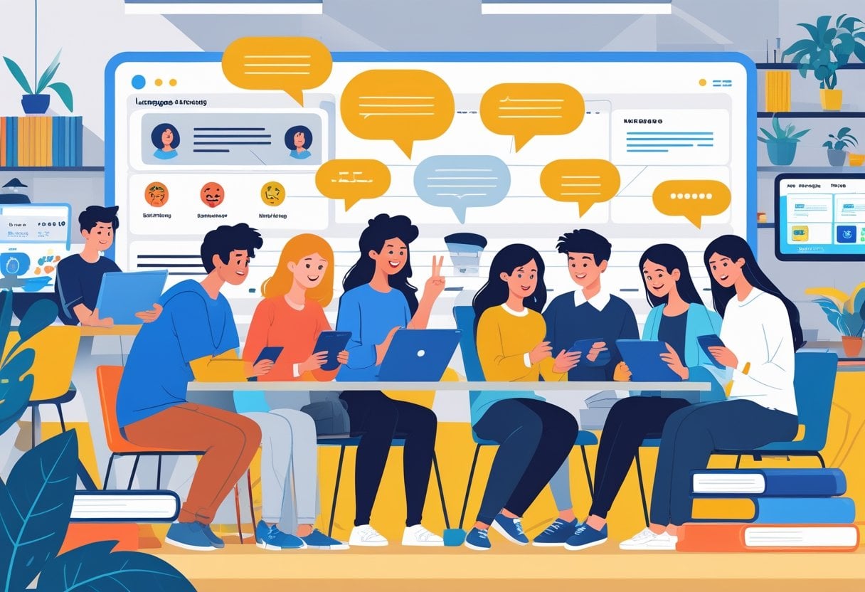 A group of young adults using devices and interacting in a bright room to practice speaking English naturally.