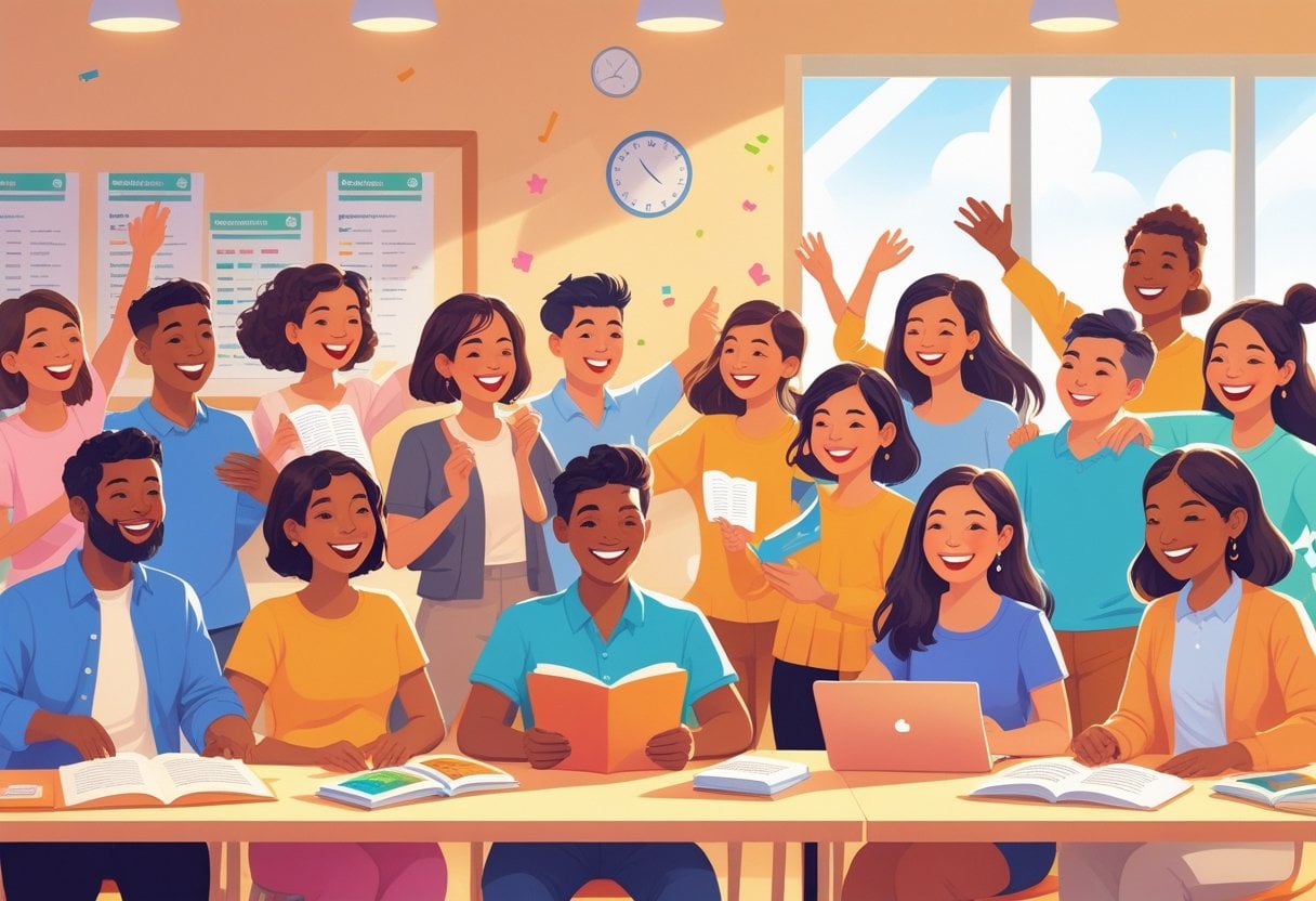 A diverse group of people celebrating their success in learning English together in a bright classroom setting.